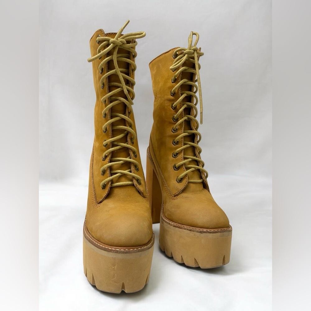 Jeffrey Campbell Tan In Charge Nubuck Leather Shearling Wood Platform Boots - Picture 4 of 15